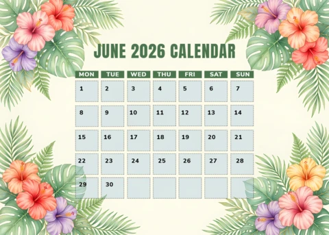 Calendario mensual de junio de 2026 con flores de hibisco tropical y borde de hoja de palma.