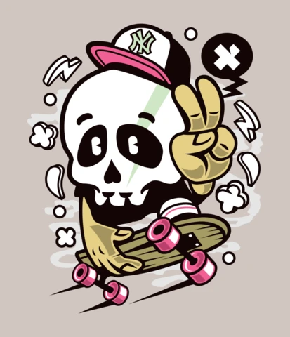 Schädel frieden skateboarding cartoon charakter t-shirt design vorlage