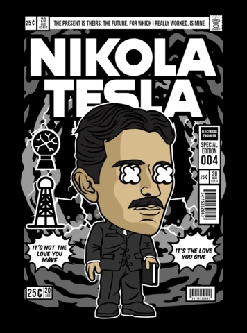 Plantilla de diseño de portada de revista con el personaje de dibujos animados Nikola Tesla
