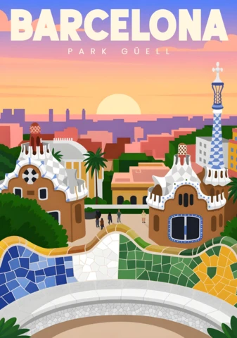 Park Güell Mosaic Bench with Sunset and Gaudí Spire Barcelona Travel Posters Design Template