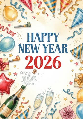 Neujahrsgrußvorlage festliches Design 2026 mit Feier-Icons und lebhaftem Aquarellstil