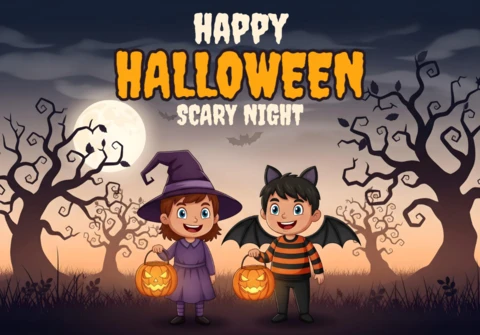 Noche de Halloween aterradora, niños bruja y gato murciélago en el bosque iluminado por la luna con calabazas talladas, plantilla de diseño para volantes festivos.