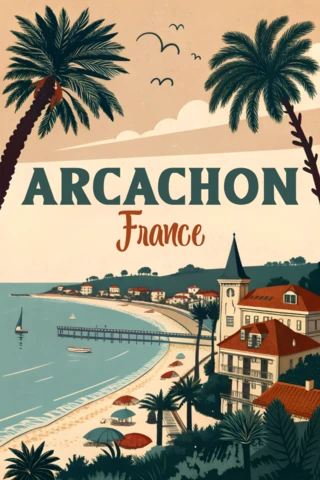 Retro Travel Poster Design Template for Arcachon France with Tropical Elements