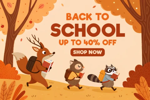 Modelo de design de volta às aulas com adoráveis animais da floresta para cartazes promocionais