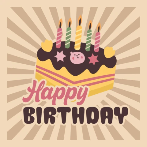 Happy Birthday Cake Design Template with Candles and Retro Illustration