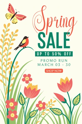 Spring Sale Promotional Template Design with Floral and Butterfly Elements