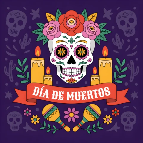 Día De Muertos Design Template with Colorful Skull and Floral Elements for Festive Merchandise