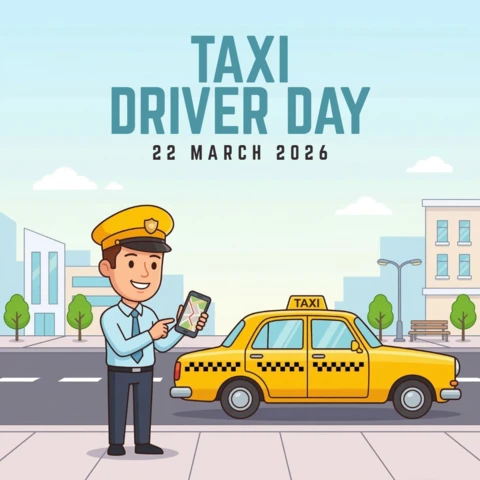 Taxi Driver Day 2026 Poster Cheerful Driver Holding Smartphone Beside Classic Yellow Cab Illustration