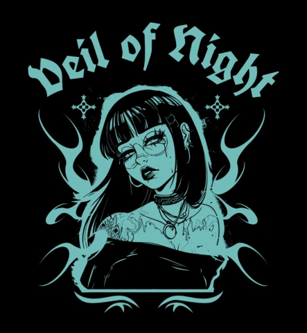 Veil of Night Tattooed Mystic Anime Girl with Gothic Flame Aura T-Shirt Design Template