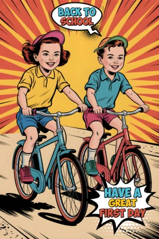 Volta às aulas crianças andando de bicicleta lado a lado com fundo de quadrinhos design de pôster modelo