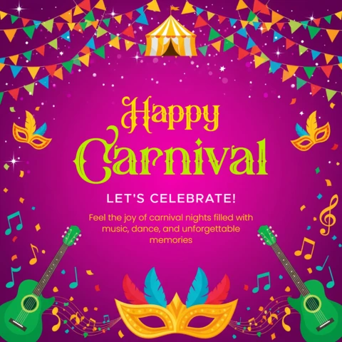 Pôster de celebração de carnaval com fundo roxo brilhante, tenda amarelo-branca, bandeirinhas coloridas, penas, guitarras, máscaras e notas musicais.