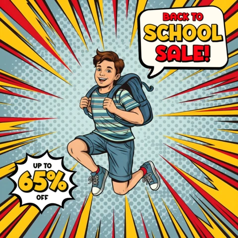 Inicia el año escolar con un vibrante cómic y un diseño de explosión de descuentos para volantes promocionales.