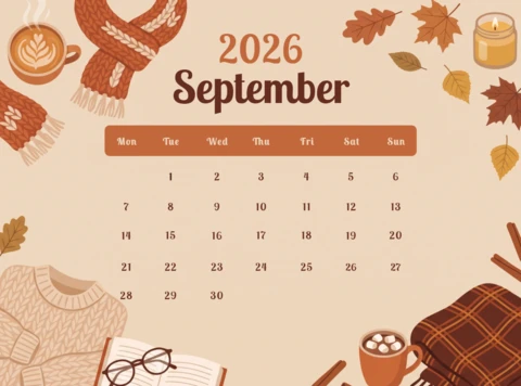 Page de calendrier de septembre 2026 avec un thème automnal chaleureux mettant en vedette des mugs de café chauds, une écharpe tricotée, des feuilles tombées et des pulls confortables dans une palette de couleurs douces d'automne.