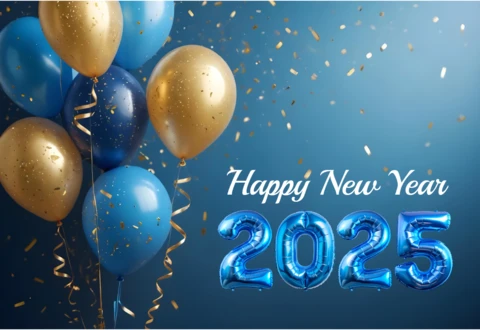 Festivo azul y dorado globos adornos feliz año nuevo 2025 plantilla de diseño