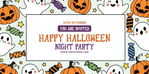 Halloween-Nacht-Party hellblauer Hintergrund mit Geistern & Süßigkeiten Facebook-Cover-Designvorlage