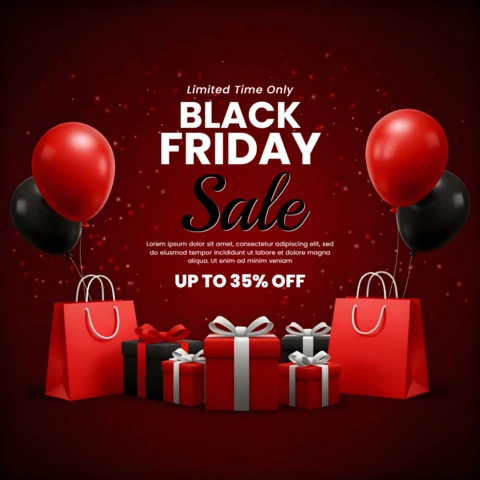 **Black Friday Sale Design Template with Gift Boxes and Balloons for Promotional Flyers**