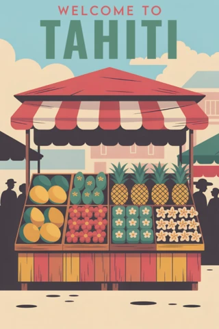 Illustration of a Typical Tropical Fruits Shop in Tahiti for Retro Flat Designs
