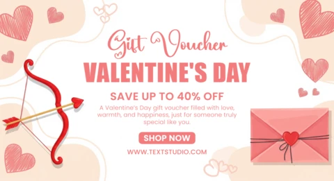 Póster de vale del Día de San Valentín con corazones decorativos, sobre rosa y fondo festivo para descuentos.