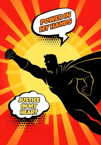 Poder en mis manos, justicia en mi corazón, superhéroe volador con fondo radiante, plantilla de diseño de póster.