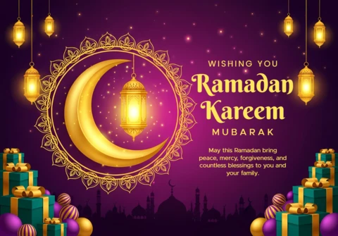 Ramadan Kareem Greeting Card Design Template with Moon Lanterns and Festive Gifts