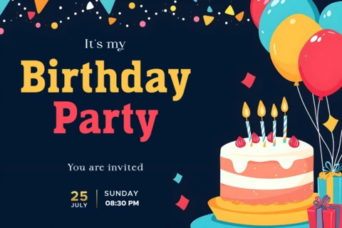 Colorful Birthday Party Invitation Card with Balloons and Cake