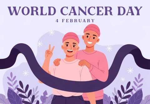 World Cancer Day Awareness Template with Illustrative Characters and Floral Design for Posters