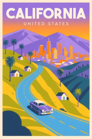 カリフォルニアのヴィンテージ旅行ポスターデザインテンプレート、風景の道路と都市のスカイライン付き