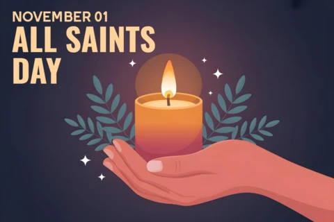 All Saints’ Day Reverent Poster with Candle Flame & Botanical Details Greeting Card Design Template