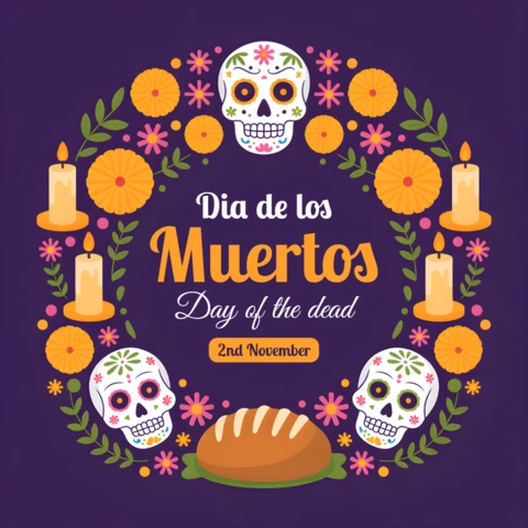 Dia De Los Muertos Design Template for Festive Posters with Sugar Skulls and Marigolds