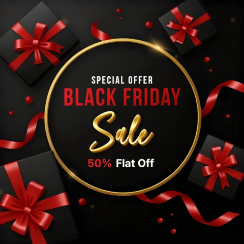 Modèle de design élégant pour les soldes du Black Friday avec des boîtes-cadeaux et des rubans pour des flyers promotionnels.