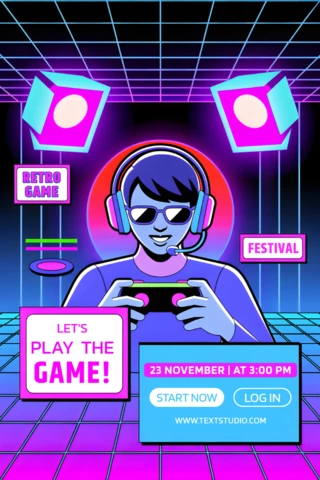Modelo de cartaz para festival de jogos retro com design neon para promoção de eventos