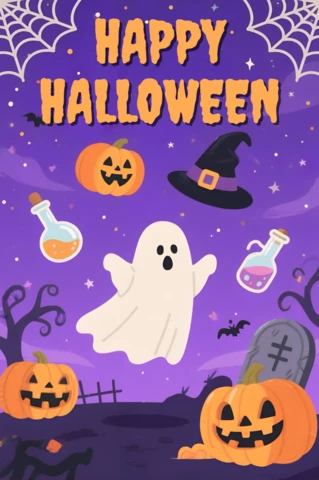 Happy Halloween Design Template with Ghosts and Pumpkins for Festive Greeting Cards