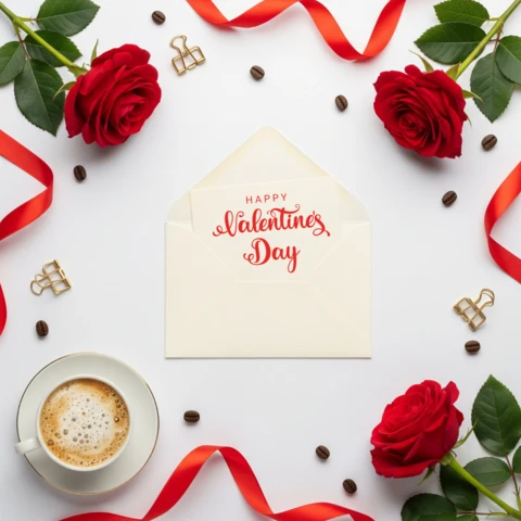 Romantic Valentine’s Day Greeting Card Love Poster with Coffee Beans, Roses, and Heart-Shaped Decor
