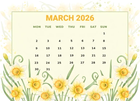Spring-Themed March 2026 Calendar Poster with Botanical Accents and Bold Orange Header