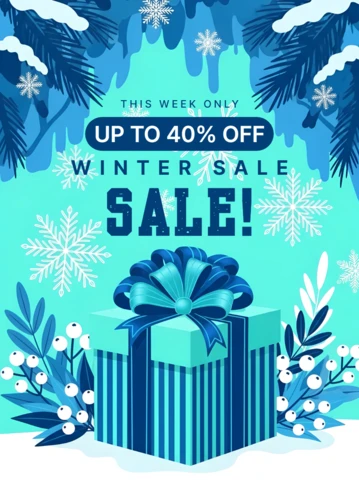 Modèle promotionnel de vente d'hiver avec design de boîte-cadeau pour flyers