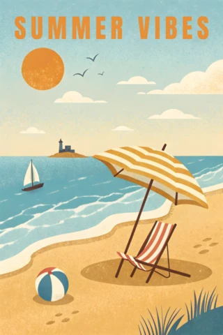 Plantilla de diseño plano retro de playa soleada para cartel imprimible de vibras veraniegas
