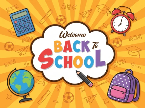 Welcome Back to School Colorful Text with Educational Supplies Like a Globe Calculator Alarm Clock and Backpack On a Yellow Background