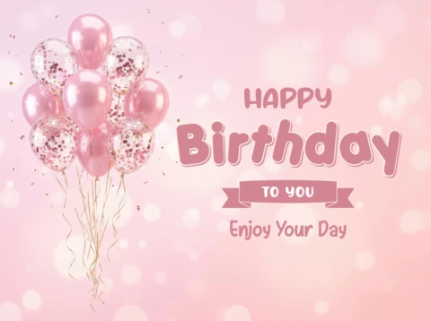 Cartaz de saudação de aniversário fundo rosa com bokeh, balões e mensagem alegre de aproveite seu dia