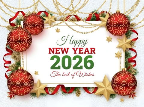 Plantilla de tarjeta de felicitación para el año nuevo 2026 con diseño de adornos festivos