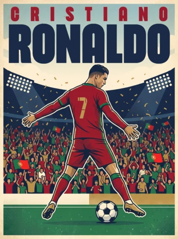 Vintage Retro Cristiano Ronaldo Soccer Poster – Classic Portugal National Team Illustration with Number 7 Jersey, Stadium Fans and Nostalgic Wall Art 2026
