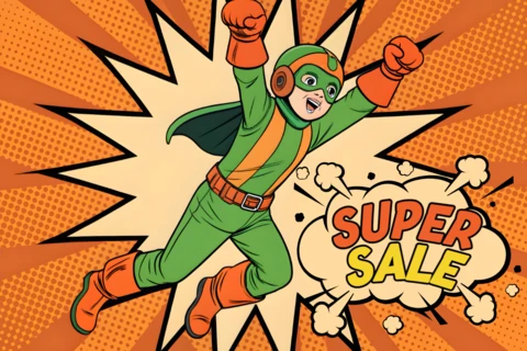 Modèle de promotion de super vente en style bande dessinée pour flyers