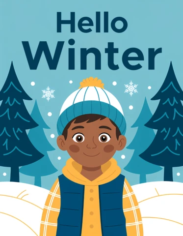 冬のテーマのデザインテンプレート、男の子と雪の木々が描かれたグリーティングカード用