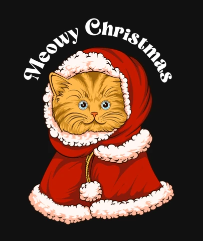 Meowy Christmas Orange Cat in Santa Suit with Blue Eyes & Festive T-Shirt Design Template