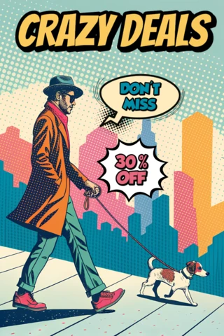 Pop Art Design Template for Crazy Deals Flyer with Dog Walking Theme