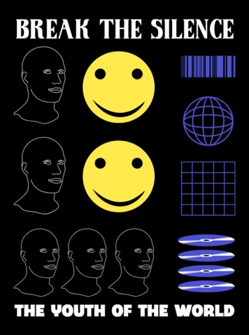 Modèle de design graphique moderne pour une campagne de sensibilisation des jeunes avec des visages souriants et des éléments abstraits.