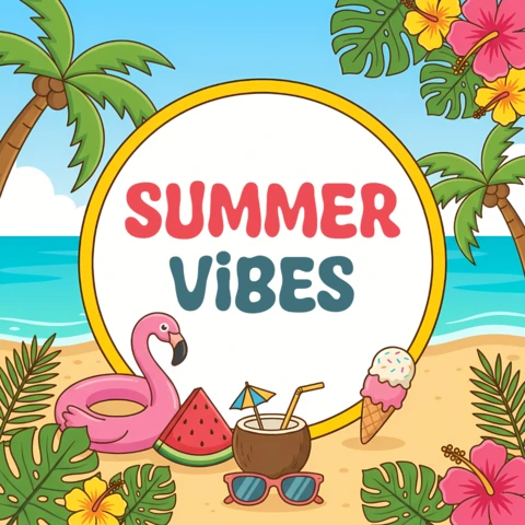 Summer Vibes Greeting Card Template with Tropical Beach and Flamingo Element