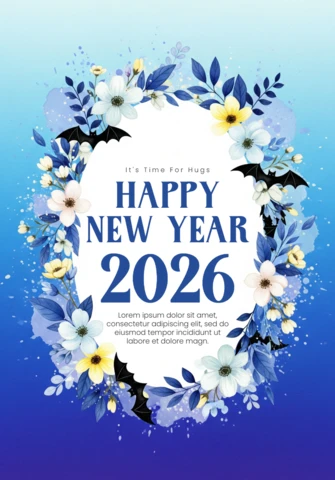 Tarjeta de felicitación de Año Nuevo en acuarela 2026 con marco floral y acentos brillantes.