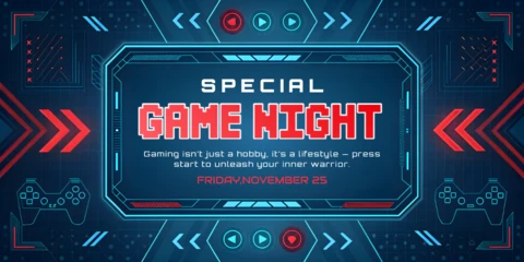 Plantilla de diseño para noche de juegos con estilo retro y gráficos de controladores.