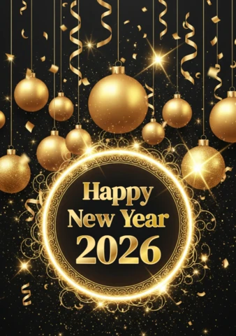 Yeni yıl 2026 tebrik posteri, şık siyah arka plan, altın süslemeler ve dairesel çerçeve tasarımıyla.