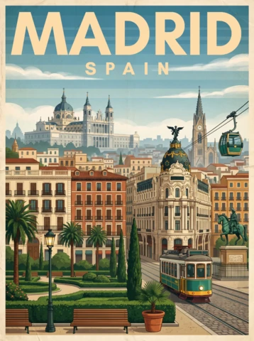 Madrid Retro Vintage Architecture Poster Spain Scenic Cityscape Tram Statue Cable Car Palm Trees European Charm Illustration
